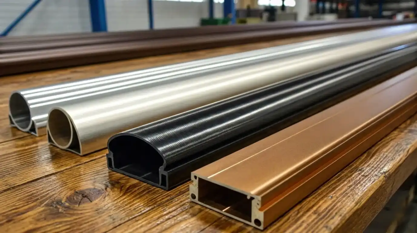 Anodized aluminum profiles in silver, bronze, and black finishes