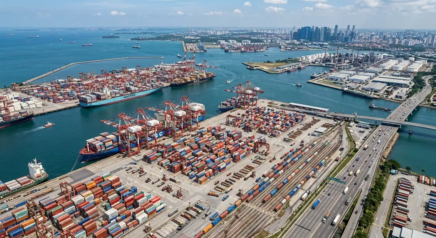 Aerial view of a commercial port with container ships and logistics infrastructure