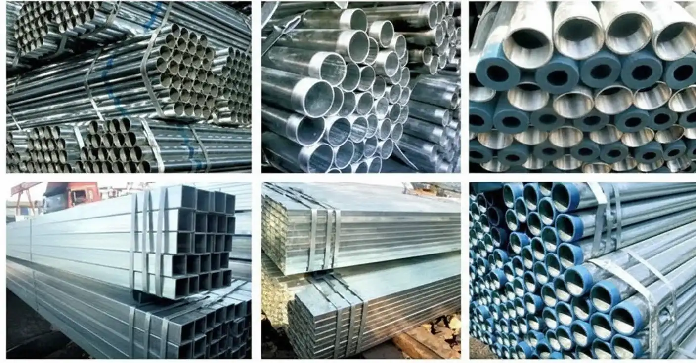 Stack of hot-dip galvanized steel pipes with visible zinc coating ready for shipment