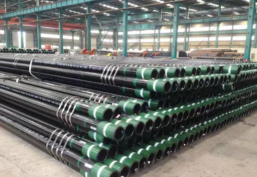 Stacked steel OCTG casing pipes ready for shipment