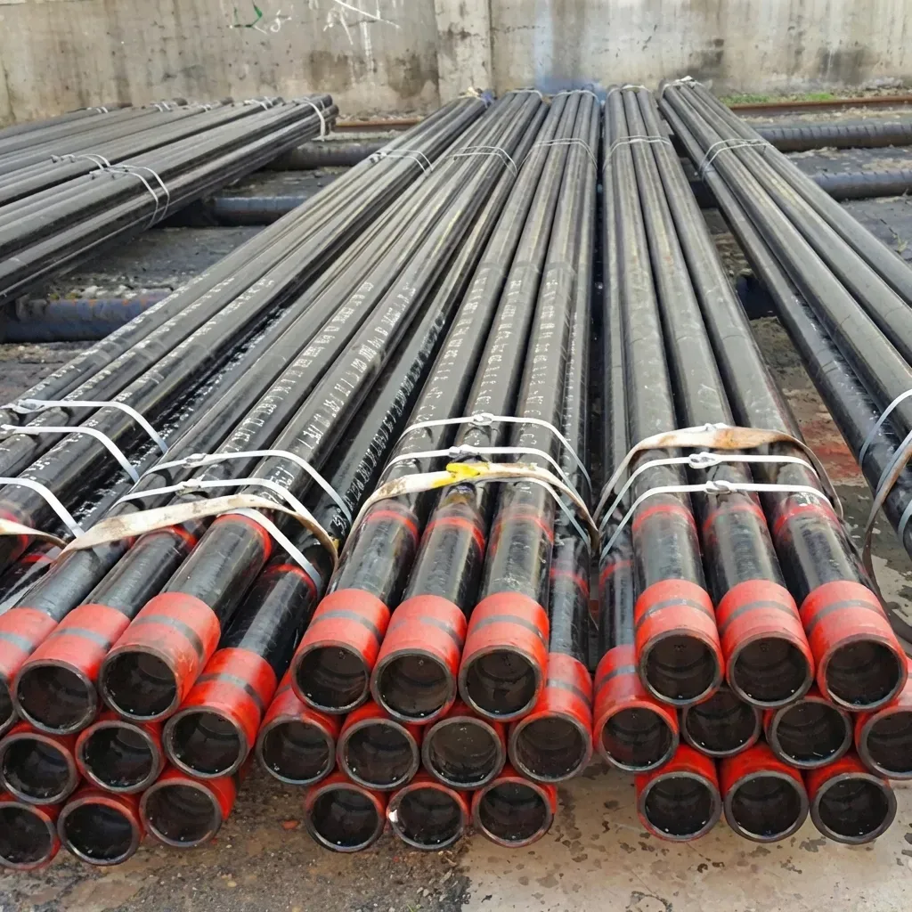 OCTG tubing bundles at an oilfield supply yard